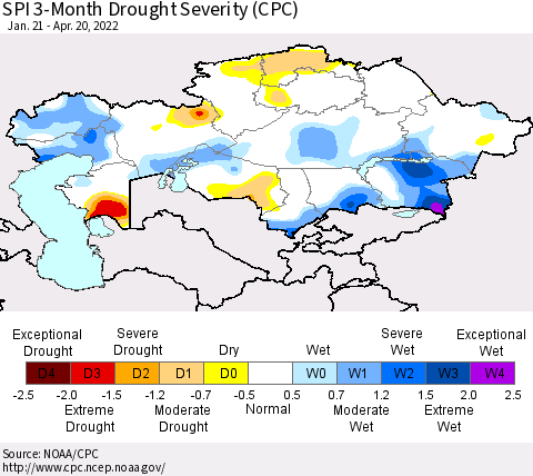 Kazakhstan SPI 3-Month Drought Severity (CPC) Thematic Map For 1/21/2022 - 4/20/2022