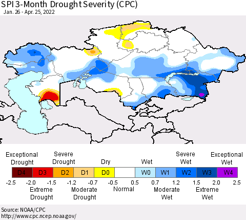 Kazakhstan SPI 3-Month Drought Severity (CPC) Thematic Map For 1/26/2022 - 4/25/2022