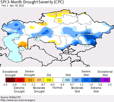 Kazakhstan SPI 3-Month Drought Severity (CPC) Thematic Map For 2/1/2022 - 4/30/2022