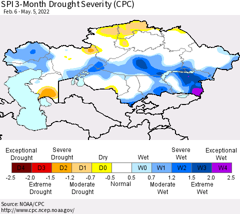 Kazakhstan SPI 3-Month Drought Severity (CPC) Thematic Map For 2/6/2022 - 5/5/2022