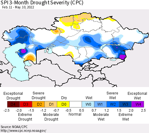 Kazakhstan SPI 3-Month Drought Severity (CPC) Thematic Map For 2/11/2022 - 5/10/2022
