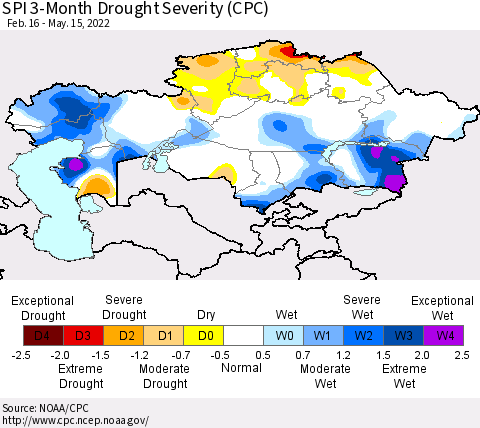 Kazakhstan SPI 3-Month Drought Severity (CPC) Thematic Map For 2/16/2022 - 5/15/2022
