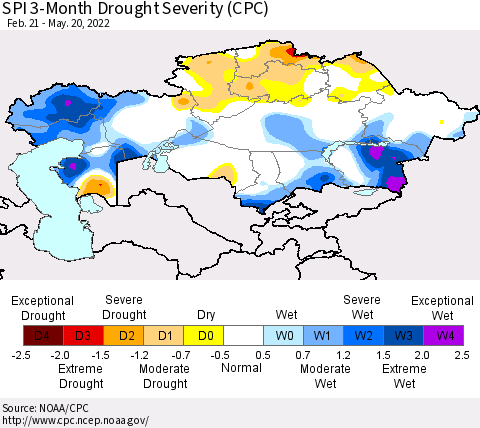 Kazakhstan SPI 3-Month Drought Severity (CPC) Thematic Map For 2/21/2022 - 5/20/2022