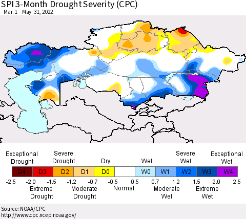 Kazakhstan SPI 3-Month Drought Severity (CPC) Thematic Map For 3/1/2022 - 5/31/2022