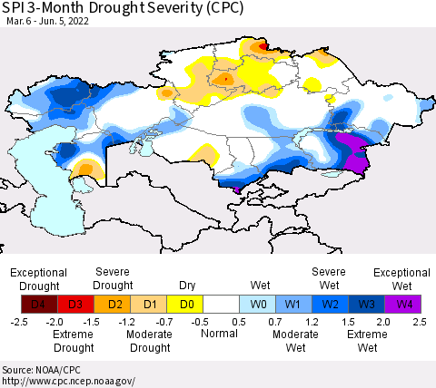 Kazakhstan SPI 3-Month Drought Severity (CPC) Thematic Map For 3/6/2022 - 6/5/2022