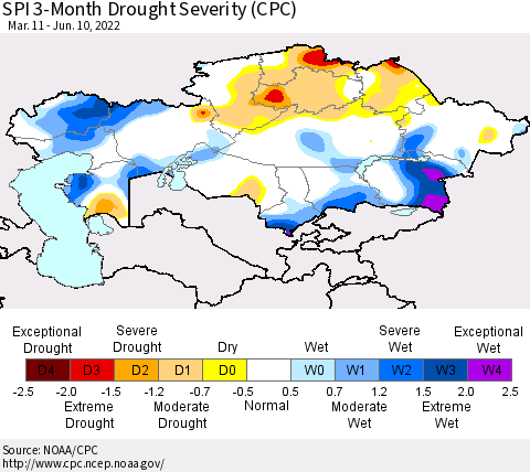 Kazakhstan SPI 3-Month Drought Severity (CPC) Thematic Map For 3/11/2022 - 6/10/2022