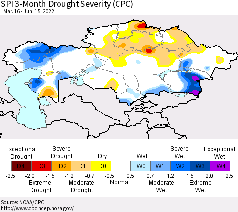 Kazakhstan SPI 3-Month Drought Severity (CPC) Thematic Map For 3/16/2022 - 6/15/2022