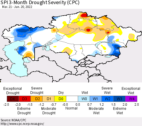 Kazakhstan SPI 3-Month Drought Severity (CPC) Thematic Map For 3/21/2022 - 6/20/2022