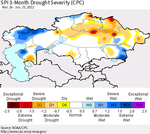 Kazakhstan SPI 3-Month Drought Severity (CPC) Thematic Map For 3/26/2022 - 6/25/2022