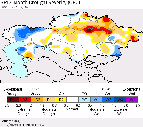 Kazakhstan SPI 3-Month Drought Severity (CPC) Thematic Map For 4/1/2022 - 6/30/2022