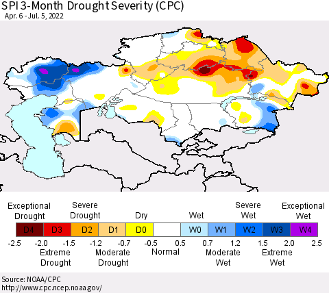 Kazakhstan SPI 3-Month Drought Severity (CPC) Thematic Map For 4/6/2022 - 7/5/2022
