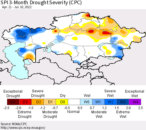 Kazakhstan SPI 3-Month Drought Severity (CPC) Thematic Map For 4/11/2022 - 7/10/2022