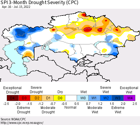 Kazakhstan SPI 3-Month Drought Severity (CPC) Thematic Map For 4/16/2022 - 7/15/2022
