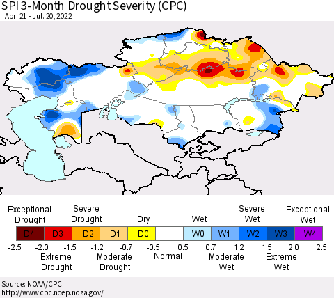 Kazakhstan SPI 3-Month Drought Severity (CPC) Thematic Map For 4/21/2022 - 7/20/2022