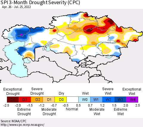 Kazakhstan SPI 3-Month Drought Severity (CPC) Thematic Map For 4/26/2022 - 7/25/2022