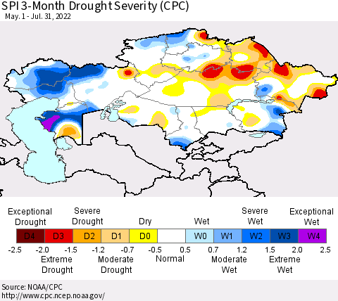 Kazakhstan SPI 3-Month Drought Severity (CPC) Thematic Map For 5/1/2022 - 7/31/2022