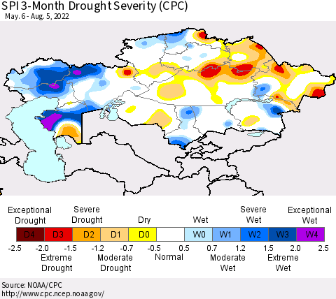 Kazakhstan SPI 3-Month Drought Severity (CPC) Thematic Map For 5/6/2022 - 8/5/2022