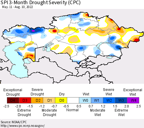 Kazakhstan SPI 3-Month Drought Severity (CPC) Thematic Map For 5/11/2022 - 8/10/2022