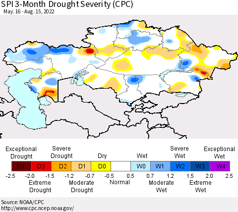 Kazakhstan SPI 3-Month Drought Severity (CPC) Thematic Map For 5/16/2022 - 8/15/2022