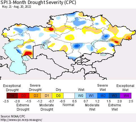 Kazakhstan SPI 3-Month Drought Severity (CPC) Thematic Map For 5/21/2022 - 8/20/2022