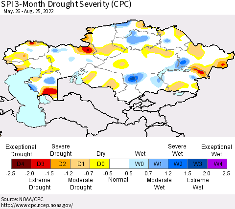 Kazakhstan SPI 3-Month Drought Severity (CPC) Thematic Map For 5/26/2022 - 8/25/2022