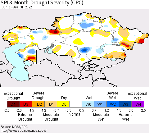 Kazakhstan SPI 3-Month Drought Severity (CPC) Thematic Map For 6/1/2022 - 8/31/2022
