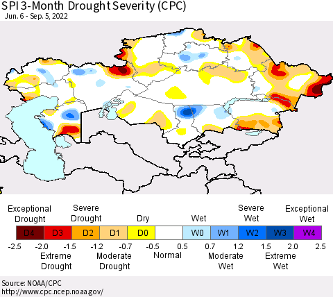 Kazakhstan SPI 3-Month Drought Severity (CPC) Thematic Map For 6/6/2022 - 9/5/2022