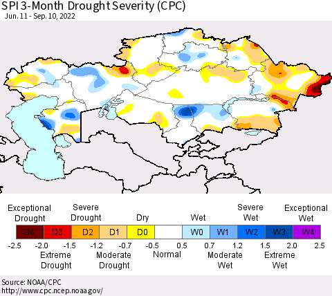 Kazakhstan SPI 3-Month Drought Severity (CPC) Thematic Map For 6/11/2022 - 9/10/2022
