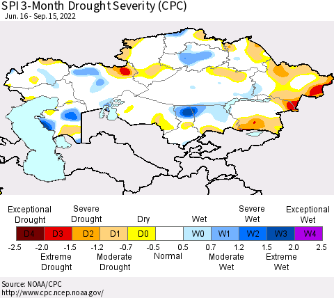 Kazakhstan SPI 3-Month Drought Severity (CPC) Thematic Map For 6/16/2022 - 9/15/2022