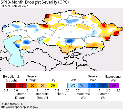 Kazakhstan SPI 3-Month Drought Severity (CPC) Thematic Map For 6/21/2022 - 9/20/2022