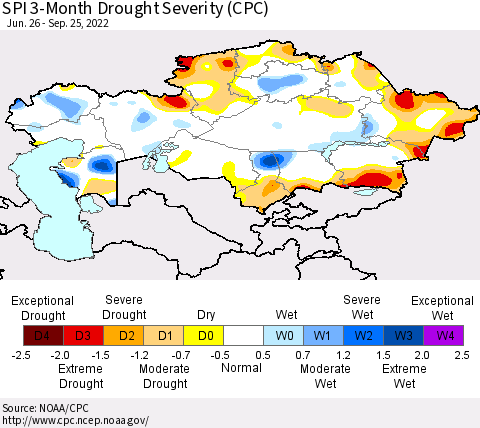 Kazakhstan SPI 3-Month Drought Severity (CPC) Thematic Map For 6/26/2022 - 9/25/2022