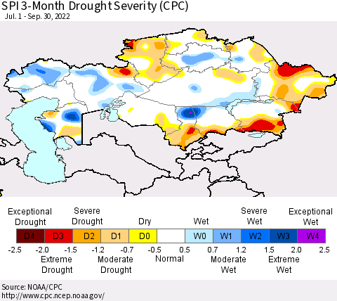 Kazakhstan SPI 3-Month Drought Severity (CPC) Thematic Map For 7/1/2022 - 9/30/2022