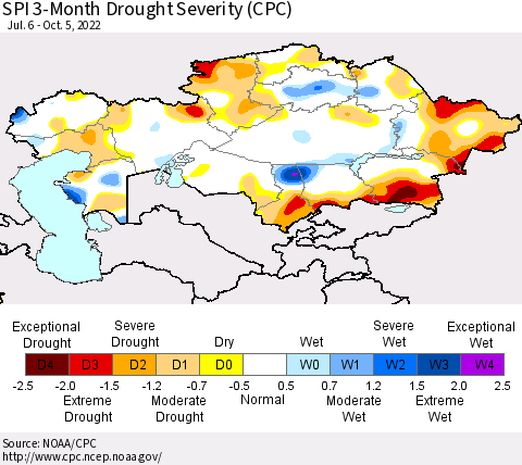Kazakhstan SPI 3-Month Drought Severity (CPC) Thematic Map For 7/6/2022 - 10/5/2022