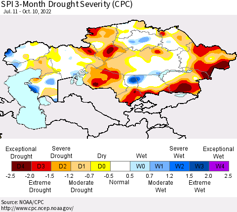 Kazakhstan SPI 3-Month Drought Severity (CPC) Thematic Map For 7/11/2022 - 10/10/2022