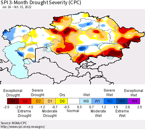 Kazakhstan SPI 3-Month Drought Severity (CPC) Thematic Map For 7/16/2022 - 10/15/2022