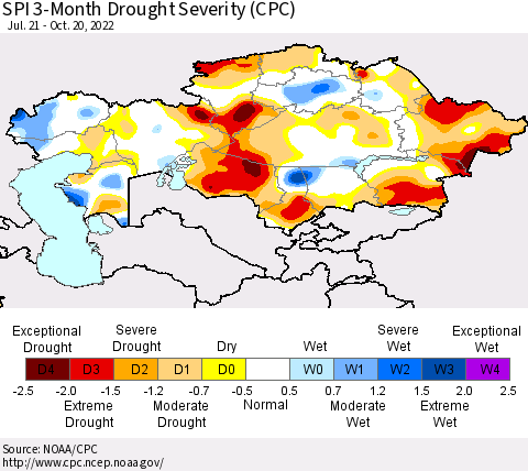Kazakhstan SPI 3-Month Drought Severity (CPC) Thematic Map For 7/21/2022 - 10/20/2022