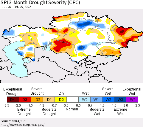 Kazakhstan SPI 3-Month Drought Severity (CPC) Thematic Map For 7/26/2022 - 10/25/2022