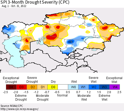 Kazakhstan SPI 3-Month Drought Severity (CPC) Thematic Map For 8/1/2022 - 10/31/2022