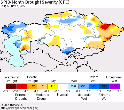 Kazakhstan SPI 3-Month Drought Severity (CPC) Thematic Map For 8/6/2022 - 11/5/2022