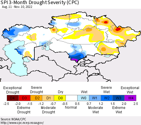 Kazakhstan SPI 3-Month Drought Severity (CPC) Thematic Map For 8/11/2022 - 11/10/2022