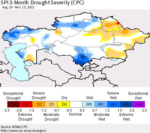 Kazakhstan SPI 3-Month Drought Severity (CPC) Thematic Map For 8/16/2022 - 11/15/2022