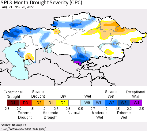 Kazakhstan SPI 3-Month Drought Severity (CPC) Thematic Map For 8/21/2022 - 11/20/2022