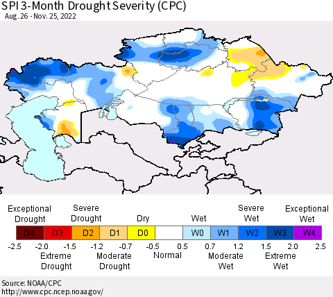 Kazakhstan SPI 3-Month Drought Severity (CPC) Thematic Map For 8/26/2022 - 11/25/2022