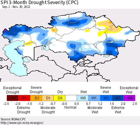 Kazakhstan SPI 3-Month Drought Severity (CPC) Thematic Map For 9/1/2022 - 11/30/2022