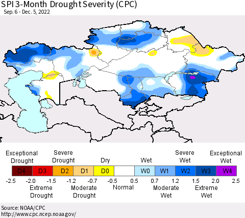 Kazakhstan SPI 3-Month Drought Severity (CPC) Thematic Map For 9/6/2022 - 12/5/2022