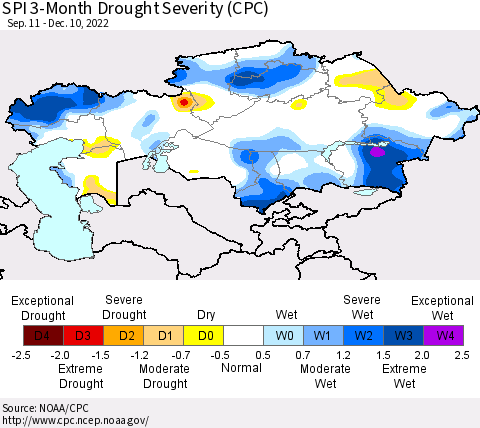 Kazakhstan SPI 3-Month Drought Severity (CPC) Thematic Map For 9/11/2022 - 12/10/2022
