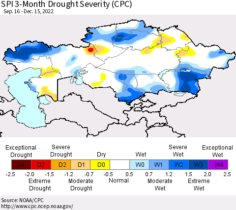 Kazakhstan SPI 3-Month Drought Severity (CPC) Thematic Map For 9/16/2022 - 12/15/2022