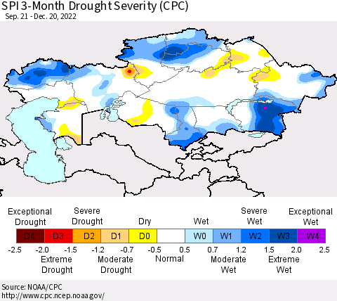 Kazakhstan SPI 3-Month Drought Severity (CPC) Thematic Map For 9/21/2022 - 12/20/2022