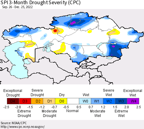 Kazakhstan SPI 3-Month Drought Severity (CPC) Thematic Map For 9/26/2022 - 12/25/2022