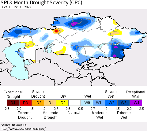 Kazakhstan SPI 3-Month Drought Severity (CPC) Thematic Map For 10/1/2022 - 12/31/2022